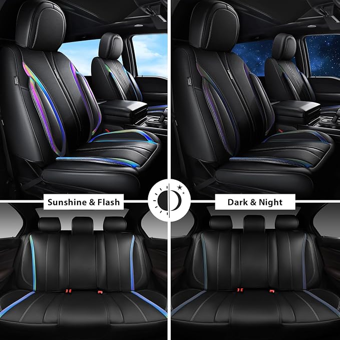 CAR PASS Nappa Leather Car Seat Covers, Durable Waterproof Luxury Universal for SUV Pick-up Truck Sedan, Anti-Slip Driver 5 Seats Covers Full Set with Backrest (Black Chameleon Iridescent Reflective)