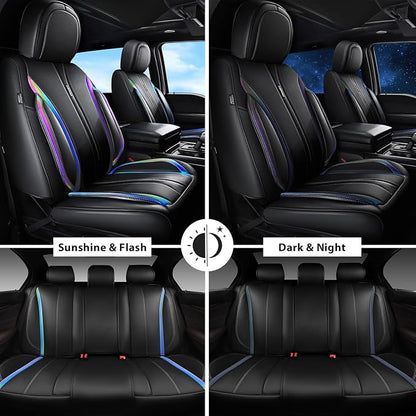 CAR PASS Nappa Leather Car Seat Covers, Durable Waterproof Luxury Universal for SUV Pick-up Truck Sedan, Anti-Slip Driver 5 Seats Covers Full Set with Backrest (Black Chameleon Iridescent Reflective)