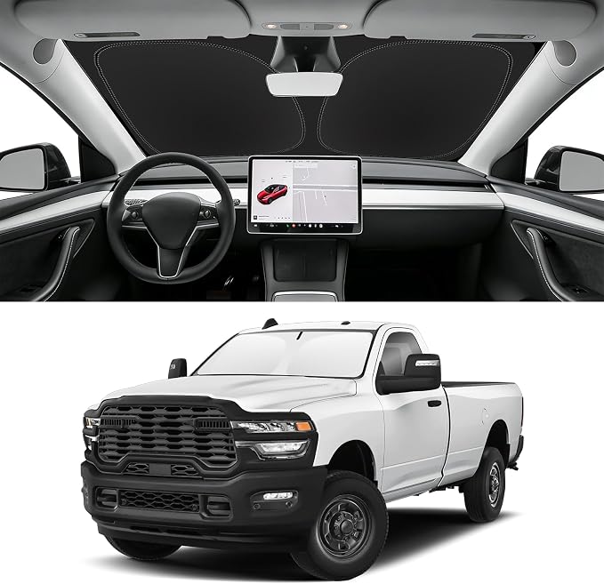 Custom Fit Windshield Sun Shade for RAM 2500 3500 2012-2026, Foldable Car Sunshade Accessorie with Storage Bag, UV & Heat Reflector, Keep Your Car Cooler
