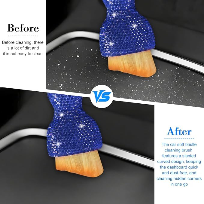 Bling Car Detailing Brush, Crystal Rhinestone Non-Scratch Vehicle Cleaning Dust Brush for Air Vent & Dashboard, Soft Bristles Automotive Interior Cleaning Tool, Universal Fit (Blue)