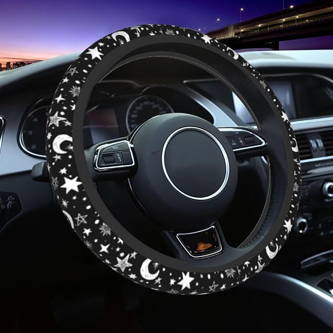 Moon and Star Steering Wheel Cover Car Accessories Cute for Women Girls Girly Universal 15 Inch Neoprene Auto Interior Decor Anti Slip Car Truck Protector