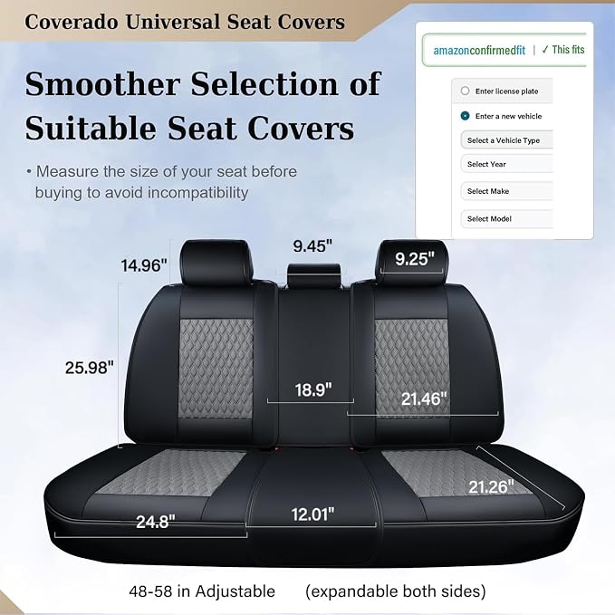 Coverado Leather Rear Seat Covers for Cars, Waterproof Back Seat Cover, Universal Automotive Seat Cushion Protector for Most Cars Trucks SUV (Black&Gray)