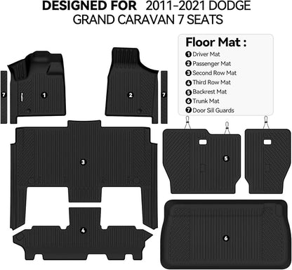 Floor Mats for 2011-2021 Dodge Grand Caravan 7 Seats, Trunk Mat and Backrest Mat & Door Sill Guard All Weather TPE Protector for Dodge Grand Caravan Accessories