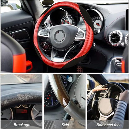 Steering Wheel Cover for Women and Men, Carbon Fiber Plush Steering Wheel Cover Soft Anti-Slip Comforting, Universal 15 Inches Steering Wheels Accessories (Carbon Fiber Red/Black)