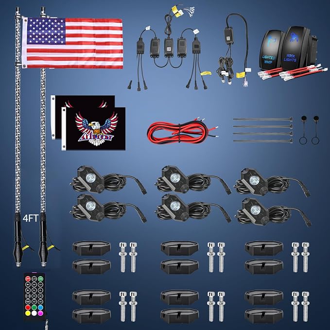 Nilight 2PCS 4FT RGB LED Whip Light with Spring Base and 6 PCS Rock Lights Combo, Remote App Control w/DIY Chasing Patterns Turn Signal Brake Reverse Antenna Lighted Whips for ATV UTV Polaris RZR Jeep