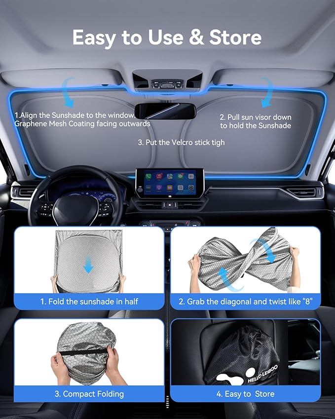 helloleiboo Windshield Sun Shade for Ford F-150 & Toyota Tundra 2021-2026 Graphene Honeycomb Heat Shield with UV Protection Foldable Custom Fit Front Window Sunshade Silver 69" x 35"