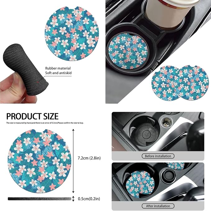 Tropital Flower Car Accessories Full Set, Turquoise Palm Leaf Front Rear Seat Cover with Matching, Colorful Ditsy Floral Steering Wheel Cover Seatbelt Pads Cup Mat Keychain
