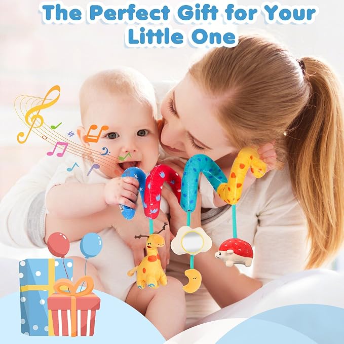 URMYWO Spiral Car Seat Toys for Babies 0-6 Months, Newborn Toys & Infant Toys, 3 Month Baby Toys, Toddler Travel Toys, Sensory Hanging Stroller Toy with Crinkle Mirror, Shower Gifts Essentials