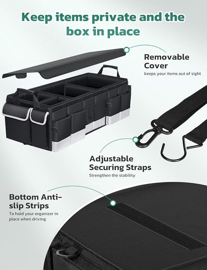 Oasser Trunk Organizer with Cooler Bag 95L, Bearing 110lb No Deformation, Collapsible with Multi Compartments, Removable Insulated Bag, Foldable Lid, Non Slip Bottom, 2 Adjustable Straps (Black&Grey)