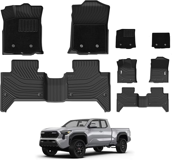3W Floor Mats with First Row Carpets for Toyota Tacoma 2016-2023, TPE Floor Liner Thickened Carpet with Safety Locks and Driver Heel Pad fit Tacoma Cars Accessory(Only for Double Cab and Automatic)