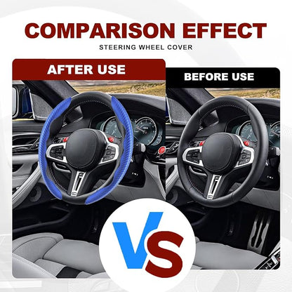 Universal Fit Carbon Fiber Steering Wheel Cover, Segmented Steering Wheel Protector, Carbon Fiber Anti-Skid Steering Wheel Cover Car Interior Accessories (2 Pcs Blue)