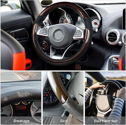 Universal Steering Wheel Cover - Microfiber Leather, 15 Inch, Anti-Slip, Breathable, Odorless Car Steering Wheel Protector, SUV Accessories (Bright Black/Coffee)