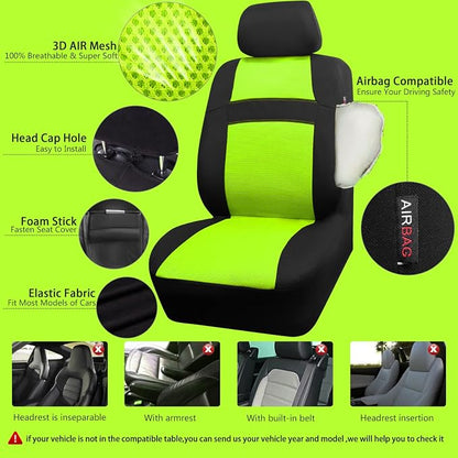 CAR PASS Seat Cover Full Sets, 3D Air Mesh Car Seat Cover with 5mm Composite Sponge Inside,Airbag Compatible Universal Fit for SUV,Vans,sedans, Trucks, Automotive Interior Covers(Lime Green)