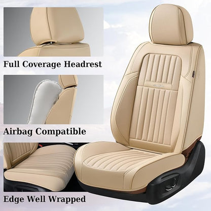 Coverado Front and Back Seat Covers for Cars, Automotive Seat Covers for Trucks, Nappa Leather Car Seat Covers, 5 Seats Waterproof Carseat Protector Car Seat Cover Beige, Universal Fit for Most Cars