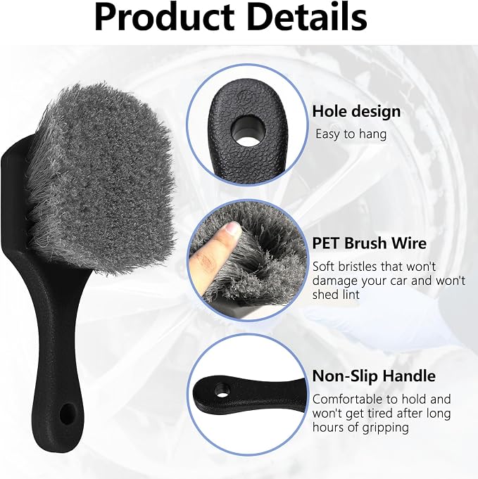 Hovom Car Wash Brush for Tire & Wheel Rim, Soft Bristle Wheel Cleaning Brushes, Short Handle Tire Cleaner Brush Releases Dirt and Road Grime, Universal Car Cleaning Supplies (Black)