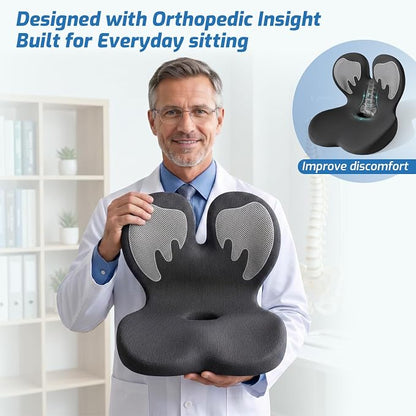 Seat Cushion,Office Chair Cushion with Lumbar Support,Memory Foam Car Orthopedic Cushion,Ergonomic Designed for Long Sitting,Tailbone & Back Pain Relief,Sciatica Pillow for Office,Car,Home Chair