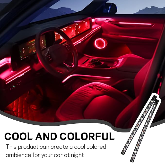Car LED Strip Light, 12V 24 LED Interior Atmosphere Lights Under Dash Ambient Night Light, Universal Auto Interior Decorative Lamp with USB Port, Truck SUV Car Accessories (Red, USB)