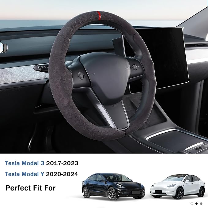 Steering Wheel Cover for 2017-2023 Tesla Model 3 2020-2024 Tesla Model Y, Suede Steering Wheel Cover for Tesla Model 3/Y Accessories, Black