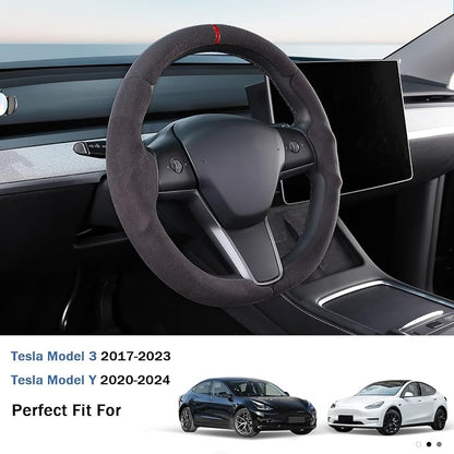Steering Wheel Cover for 2017-2023 Tesla Model 3 2020-2024 Tesla Model Y, Suede Steering Wheel Cover for Tesla Model 3/Y Accessories, Black