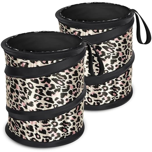 Car Trash Can, 2 Packs Mini Car Garbage Can, Collapsible Trash Bin | Pop-Up Trash Can for Front Back Seat, Portable Trash Bag Hanging for Vehicle SUV Rv Truck Accessories Interior, Leopard Print