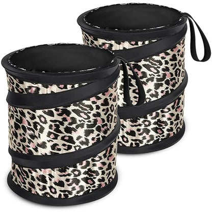 Car Trash Can, 2 Packs Mini Car Garbage Can, Collapsible Trash Bin | Pop-Up Trash Can for Front Back Seat, Portable Trash Bag Hanging for Vehicle SUV Rv Truck Accessories Interior, Leopard Print