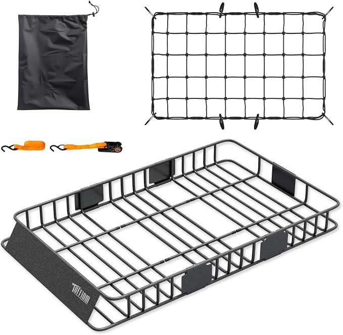 TUFFIOM 64"x 39"x 6" Universal Rooftop Cargo Carrier Basket, Extendable Steel Roof Rack Basket w/Net+Storage Bag+Straps, Heavy Duty Car Top Rack Luggage Holder Carrier for SUV Car Truck Van