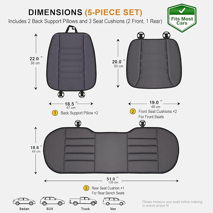 kingphenix 5-Piece Memory Foam Car Seat Cushion Set with Full Back Support Pillow, Comfort for Long Drives & Road Trips, Universal Automotive Comfort for Most Car, Van, Truck, SUV, Dark Grey