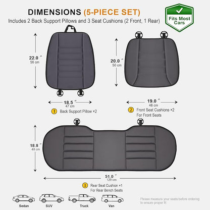 kingphenix 5-Piece Memory Foam Car Seat Cushion Set with Full Back Support Pillow, Comfort for Long Drives & Road Trips, Universal Automotive Comfort for Most Car, Van, Truck, SUV, Dark Grey