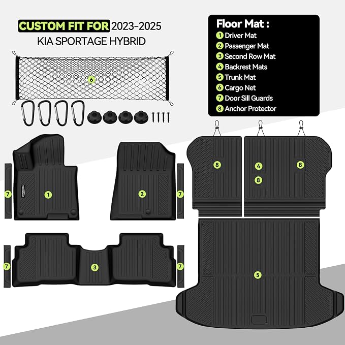 Tongama-Floor Mats for 2023 2024 2025 Kia Sportage Hybrid, All Weather TPE Trunk Mat and Backrest Mats and Cargo Net and Door Sill Guards for Kia Sportage Floor Liner Accessories