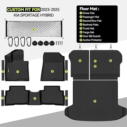 Tongama-Floor Mats for 2023 2024 2025 Kia Sportage Hybrid, All Weather TPE Trunk Mat and Backrest Mats and Cargo Net and Door Sill Guards for Kia Sportage Floor Liner Accessories