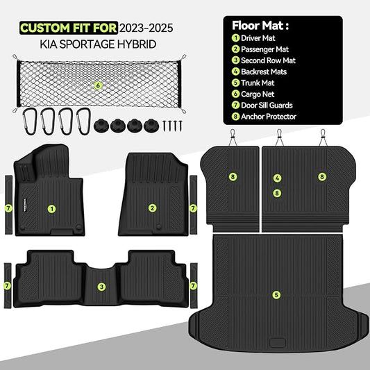 Tongama-Floor Mats for 2023 2024 2025 Kia Sportage Hybrid, All Weather TPE Trunk Mat and Backrest Mats and Cargo Net and Door Sill Guards for Kia Sportage Floor Liner Accessories