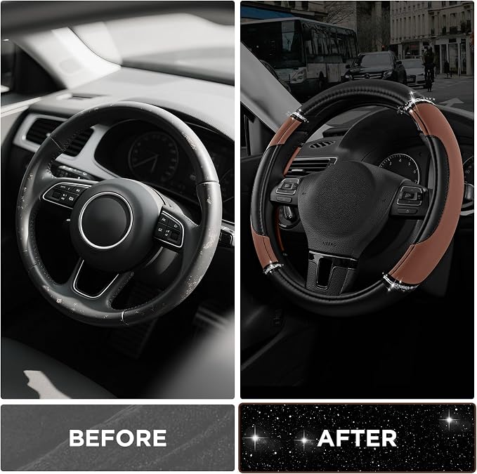 Road Comforts Leather Steering Wheel Cover - Made with PVC Leather - Anti-Slip Steering Wheel Cover Universal Fit Most 14 1/2 inches to 15 inches - Brown Color