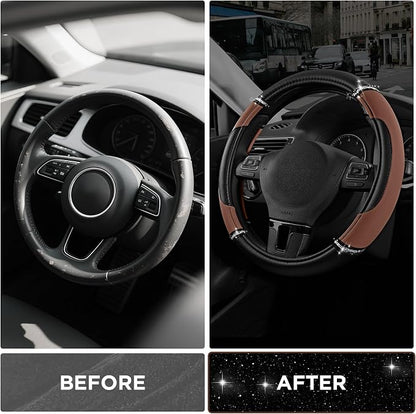Road Comforts Leather Steering Wheel Cover - Made with PVC Leather - Anti-Slip Steering Wheel Cover Universal Fit Most 14 1/2 inches to 15 inches - Brown Color