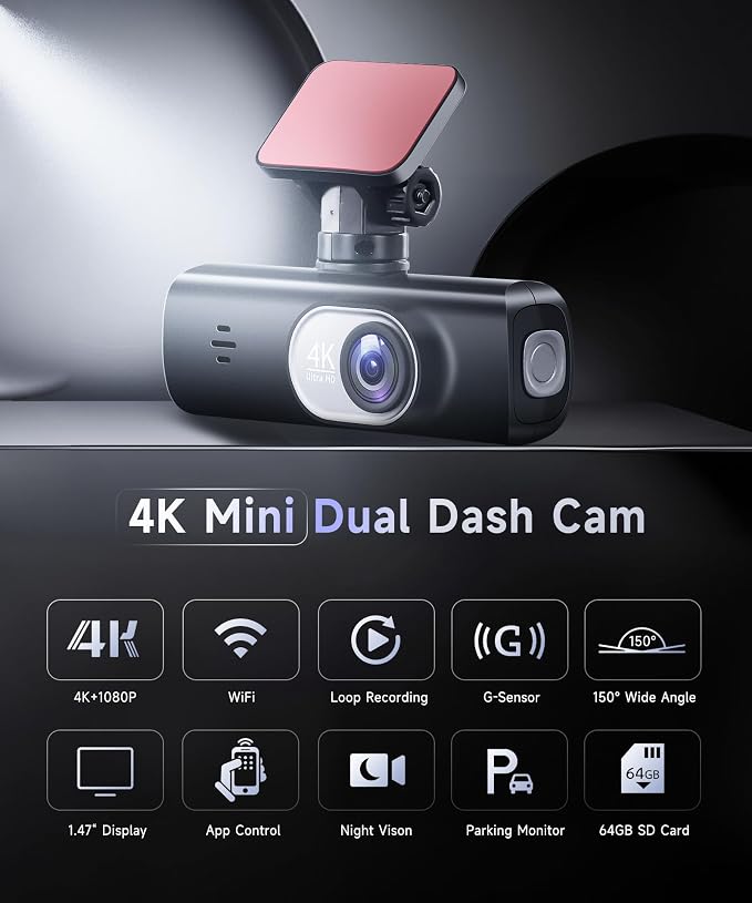Dash Cam 4K Front and Rear Full HD Dash Camera for Cars, Included 64GB Card, Built-in WiFi, 1.47" IPS ScreenLoop Recording, G-Sensor, Night Vision, Parking Mode
