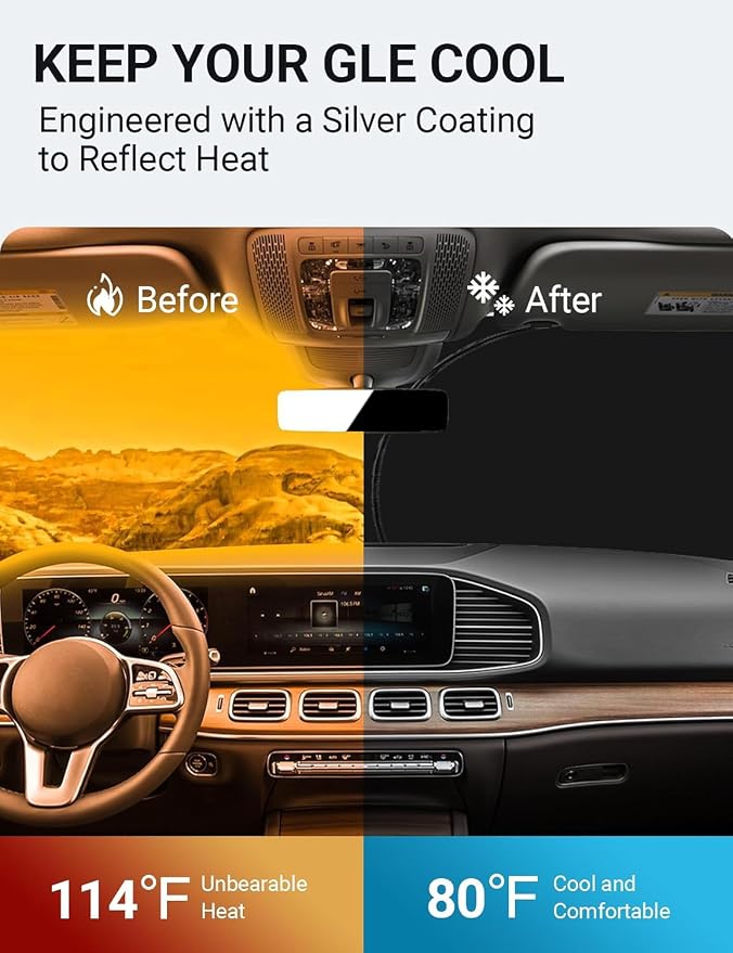 Proadsy Windshield Sun Shade Custom Fit Mercedes Benz GLE 2020-2024 2026 4-Layer Foldable Front Sunshade Protector Sun Visor Blocks UV Rays Keep Car Cooler
