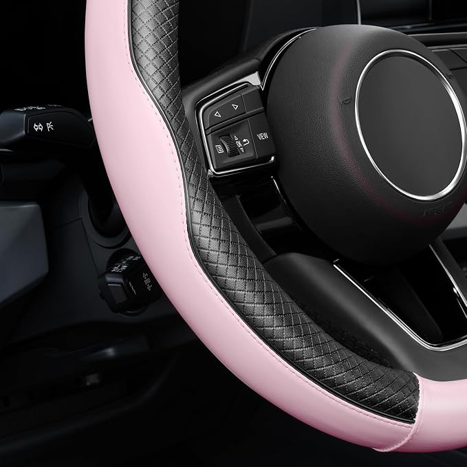 YHONGJT Soft Premium Leather Steering Wheel Cover, Breathable, Non-Slip Grip, Universal 15 Inch for Women Girls, Fit Vehicles, Sedans, SUVs, Vans, Trucks - Light Pink