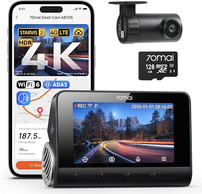 70mai 4K Dash Cam Front and Rear, 4K+1080P Dual STARVIS 2 Car Dash Camera for Cars, 4G LTE Remote Access, AI Motion Detection, WiFi 6, 5 GPS, 24H Parking Mode, HDR Night Vision, Voice Control, ADAS