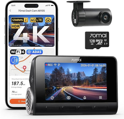 70mai 4K Dash Cam Front and Rear, 4K+1080P Dual STARVIS 2 Car Dash Camera for Cars, 4G LTE Remote Access, AI Motion Detection, WiFi 6, 5 GPS, 24H Parking Mode, HDR Night Vision, Voice Control, ADAS