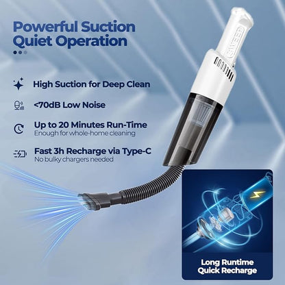 Handheld Vacuum Cleaner Cordless, Lightweight 1.5 lb, 3600Pa Suction, 50W Motor, Type-C Rechargeable, Bagless HEPA Filter, 20 Min Runtime for Car, Sofa, Home, Pet Hair（White）