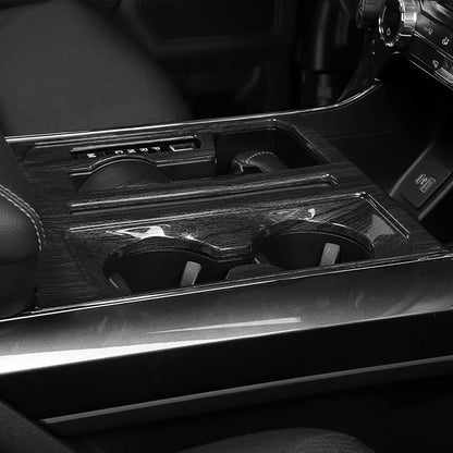 Jimen Compatible with Ford F150 2021-2025, Center Console Gear Shift Panel Trim Cover (Black Wood Grain)