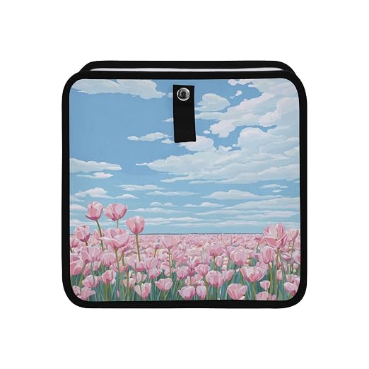 Car Trash Can Organizer Bin with Adjustable Strap for Back Front Seat Console Waterproof Leakproof Collapsible Portable 11 Inch Pink Tulip Field and Blue Sky