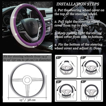 New Diamond Leather Steering Wheel Cover with Bling Bling Crystal Rhinestones, Universal Fit 15 Inch Car Wheel Protector for Women Girls Purple
