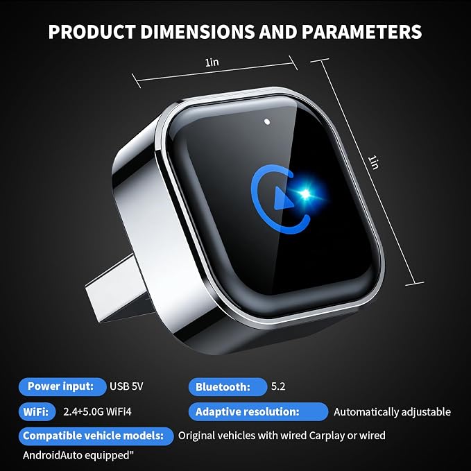 Wireless CarPlay and Android Auto Adapter, Ultra-Compact Aluminum Design with Dual-Band Technology, USB-C/USB-A Compatible for Wired CarPlay Vehicles