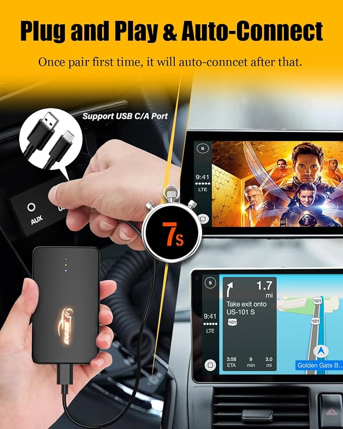 KAMING Wireless CarPlay Adapter, Build in YouTube Tiktok and More, Wireless Android Auto Adapter Plug and Plug, Magic Box 2025 Upgrade for OEM Wired CarPlay Cars