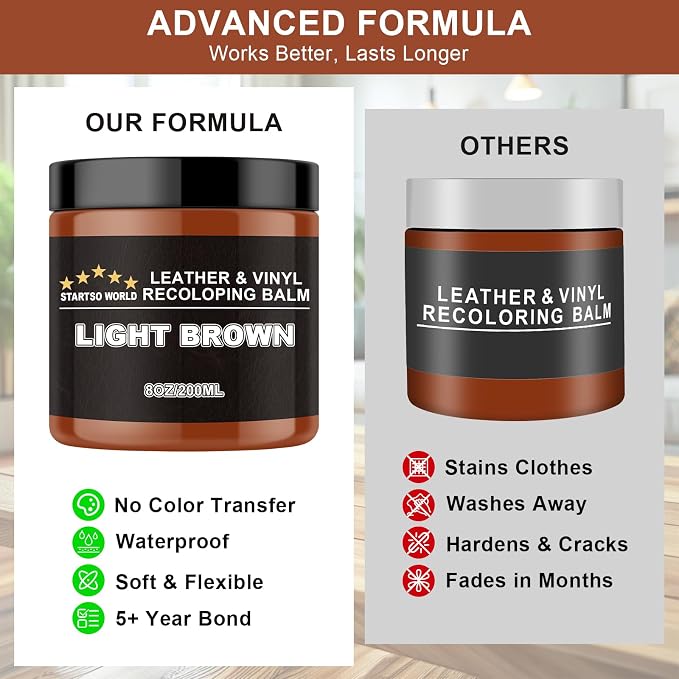 STARTSO WORLD Light Brown Leather Recoloring Balm, Leather Repair Kit for Furniture, Couches & Car Seats, Leather Paint, Leather Color Restorer, Leather Scratch Remover