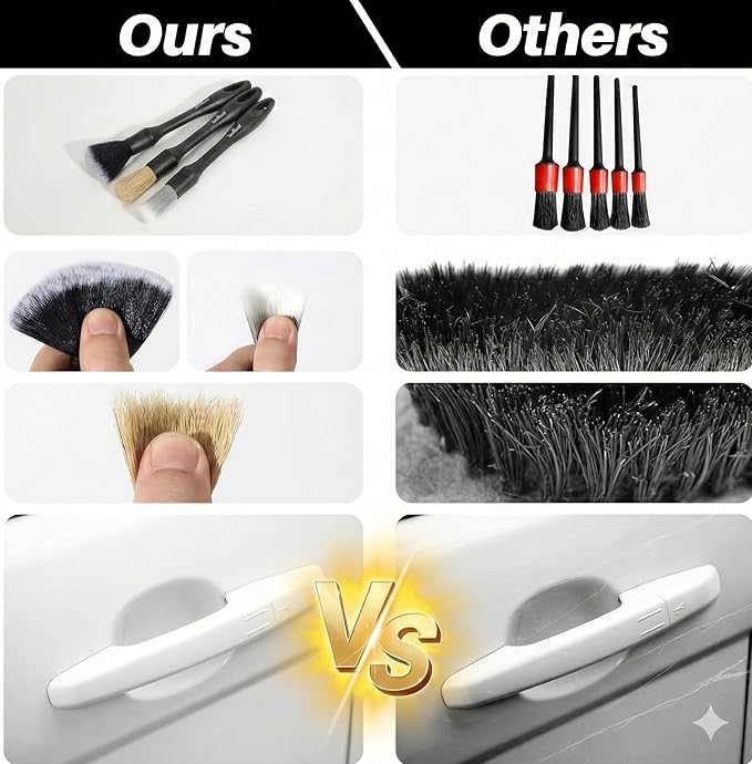 Premium Car Detailing Brush Set - Professional 3 Pack Kit Detail Brushes with Soft Boars Hair Bristles for Auto Interior & Exterior - for Cleaning Leather Seats, Air Vents, Wheels & Emblems