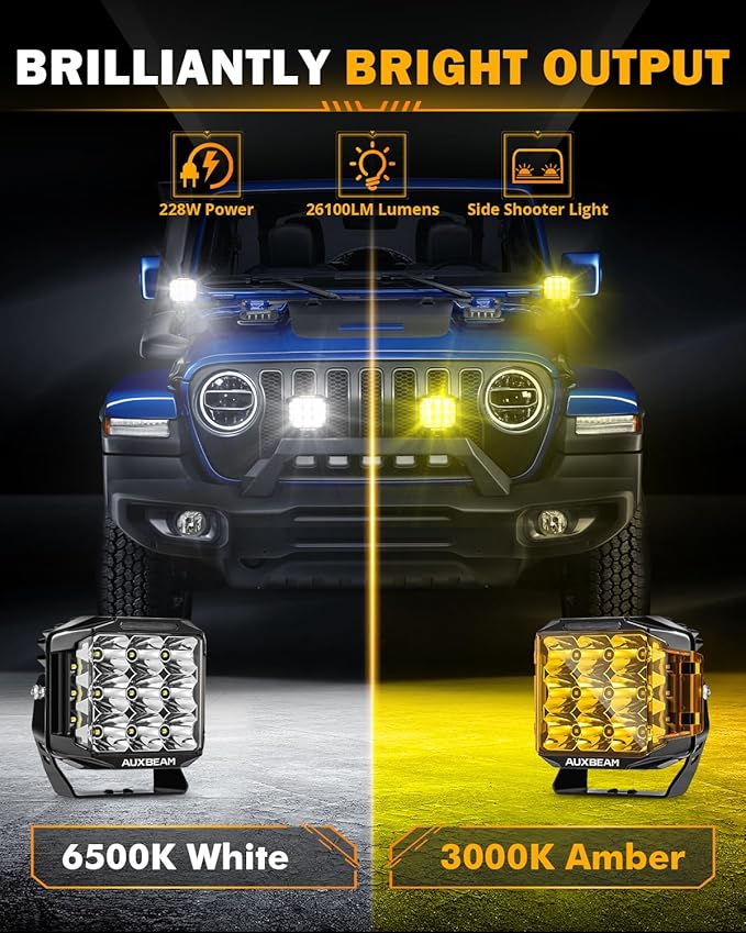 Auxbeam 7 Inch LED Pod Lights, V-MAX Series Offroad Driving Cube Lights with Amber DRL& Backlight, 228W Super Bright Spot Flood Combo Beam Universal Auxiliary Ditch Light with Amber Cover, 2PCS