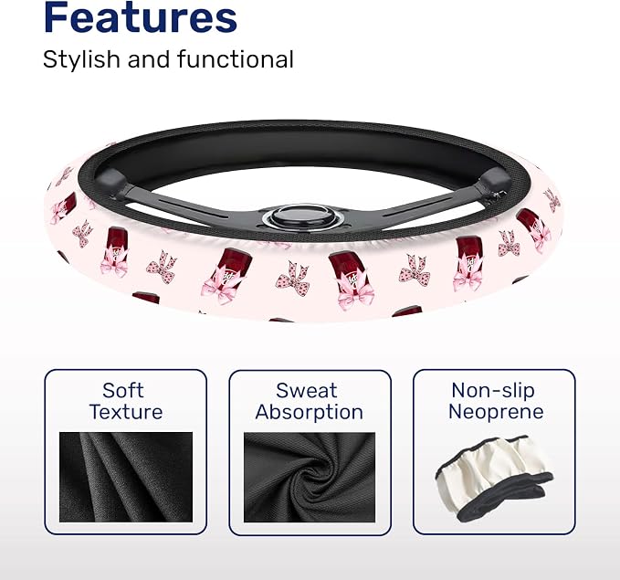 GENANY Retro Soda Bow Steering Wheel Cover, Non Slip Polyester Car Wheel Protector for Car SUV Truck, Universal 15 Inch
