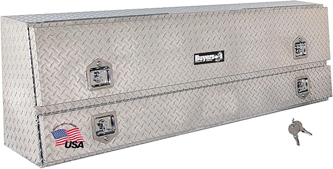 Buyers Products 1705650 Diamond Tread Aluminum Contractor Truck Tool Box – 2-Tier Storage, 88 x 21 x 13.2 in, Flip-Up Door with Gas Shocks, Weather-Resistant, No-Drill Install – Made in USA