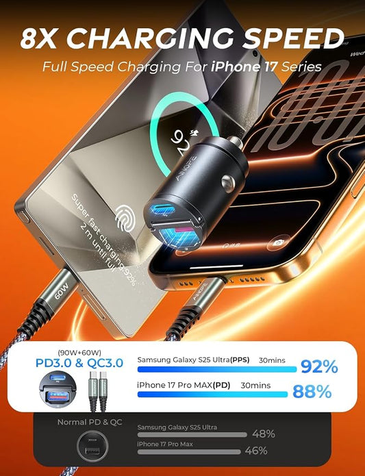 AINOPE 90W for iPhone 17/16/15 Pro Max Car Charger USB C Fast Chage, [Mini&Metal] Invisible Cigarette Lighter Adapter with 3FT USB C to C Cable, Car Accessories for Mother Him Her, Adapter for iPhone